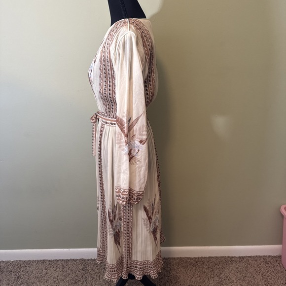 Vintage Hal Ferman Dress 1970s Boho Cream Brown Floral Sheer Long Sleeve Size 8 - Picture 4 of 10